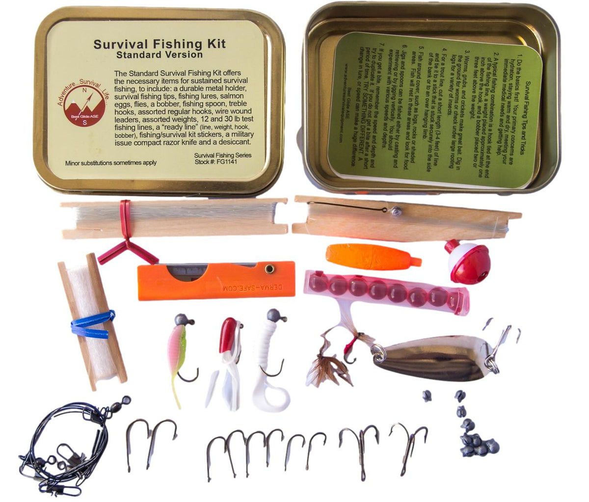 bushcraft fishing lures Pocket Reel Survival Kit 25pcs Easy for Hiking Camping Fishing Compact survival fishing kit with four stainless steel fishing lures and integrated line spool storage for Altoids Smalls kits and EDC carry. Paracord Fishing Lures - A